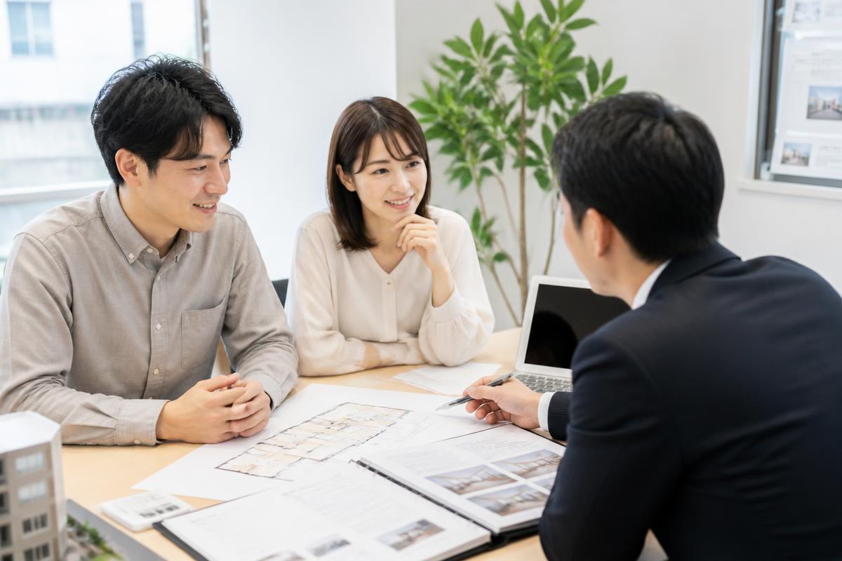 日本人夫婦が日本人の不動産コンサルタントと間取り図を見ながら相談している様子