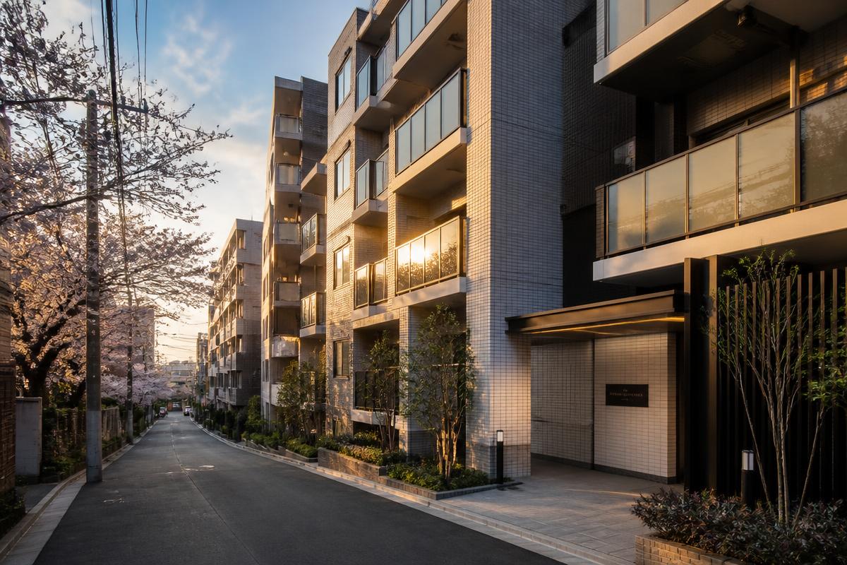 夕暮れの東京の閑静な住宅街に並ぶ日本のマンション
